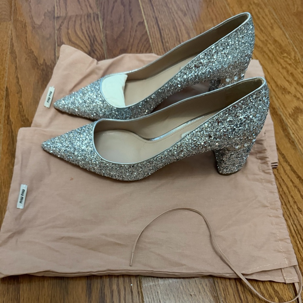 Authentic Miu Miu Silver Glitter Women's Crystallized Heels size 39.5